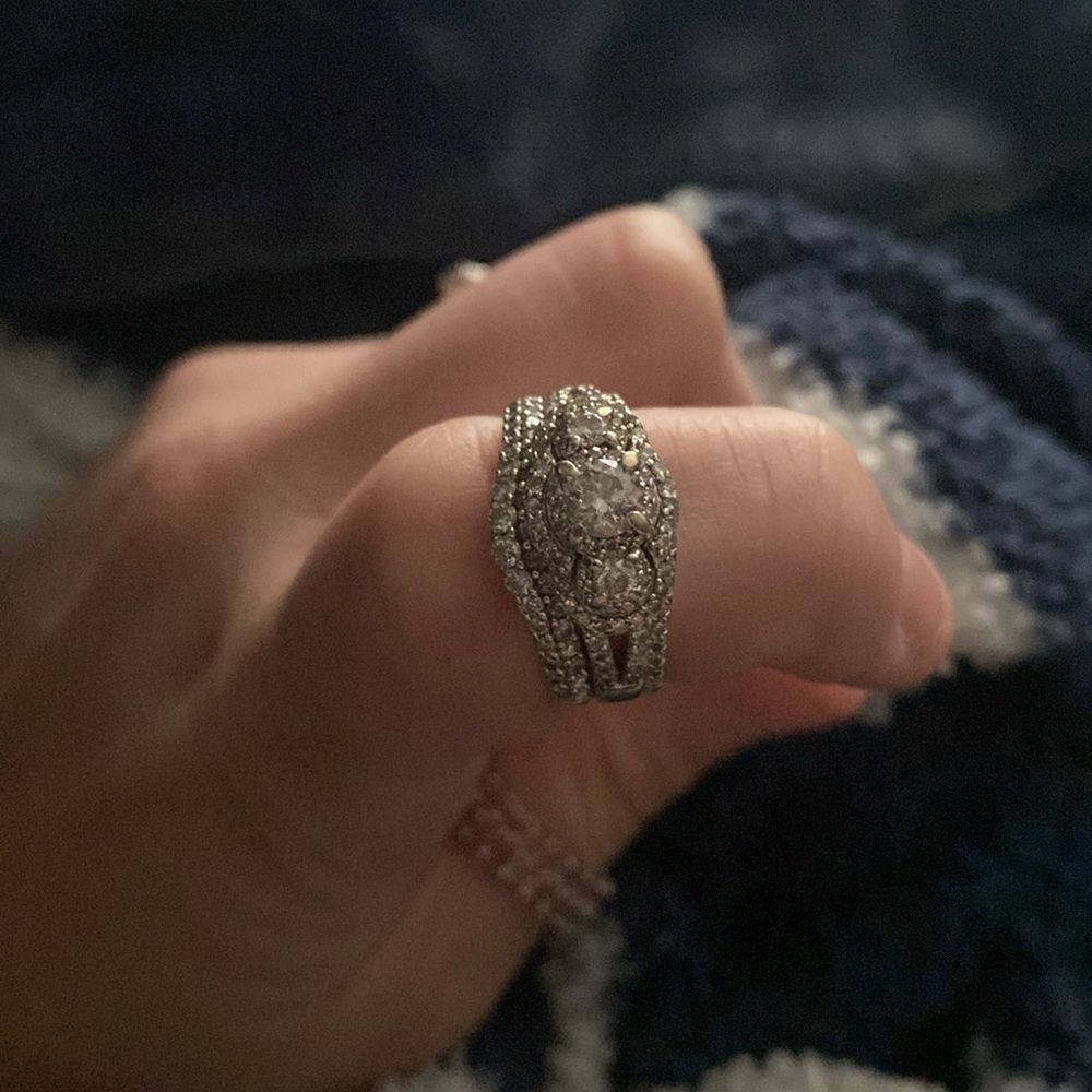 Womens diamond engagement ring, wedding band, and anniversary band